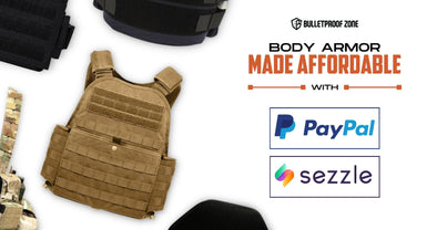 Paypal and Sezzle logo with plate carrier and helmet