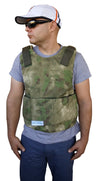 Model wearing Israel Catalog Bulletproof Vest Super Light Super Thin Level III-A in Multicam