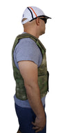 Model showing the side view of the Israel Catalog Bulletproof Vest Super Light Super Thin Level III-A in Multicam