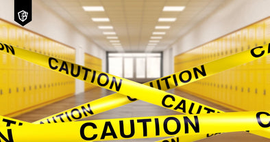 School Corridor with caution sign