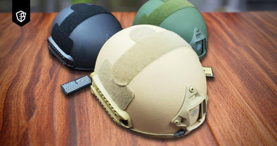 Ballistic helmets laid out on a table