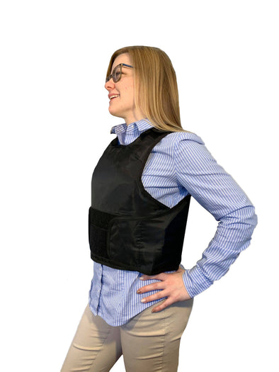 Female model wearing the BulletBlocker NIJ IIIA Women's Cut Bulletproof Vest