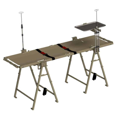 Combat Medical Compact Treatment Station AllEvac® litter stands with four mounting brackets, two IV poles and folding mayo stand and tray and accommodates any quad-fold litter (optional)