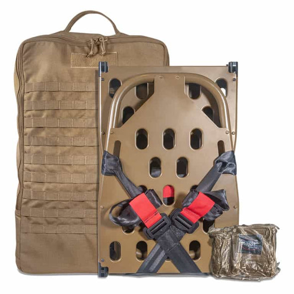 Combat Medical AllEvac® Mantis System Tri-Fold Evacuation Backboard, Buckle Restraint Straps (5), Casualty Items Equipment Bag and AllEvac Mantis Carrier Brown Color