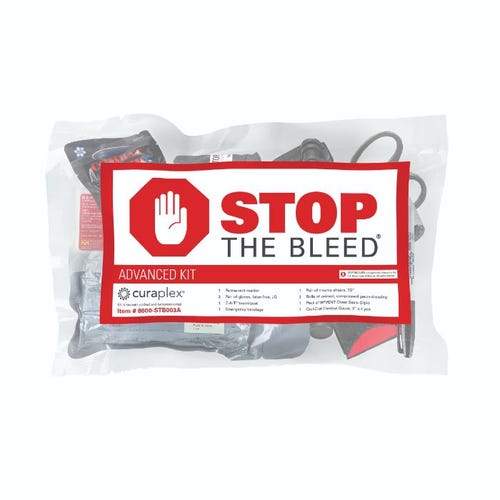 Cardio Partners Curaplex Stop the Bleed Advanced Kit Red and White Color with words "STOP THE BLEED" in front