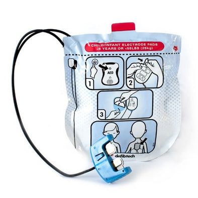 Cardio Partners Defibtech Lifeline View AED Pediatric Pads Blue and White Color with instructions on front how to use