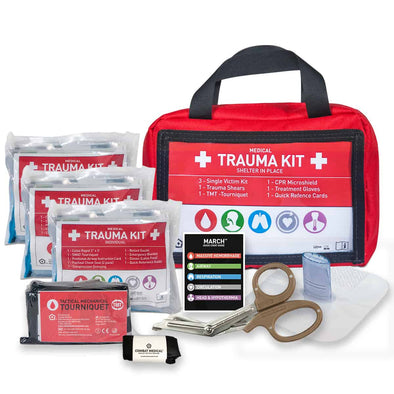 Combat Medical Mojo® Shelter in Place Kit Red Bag, 3 Trauma Kits, Tactical Mechanical TOURNIQUET kit and Medical Shears